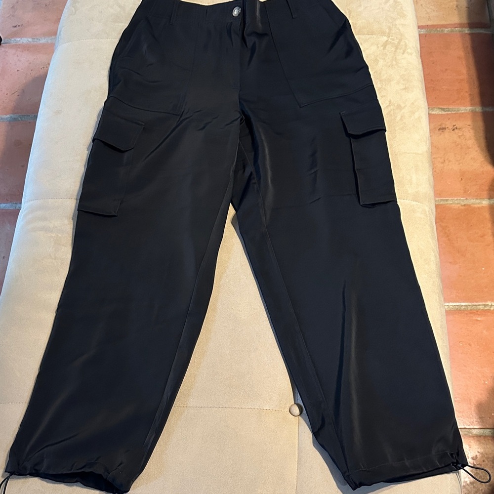 Joie black satin Cargo Pants elastic waist 12